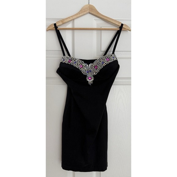 Vintage 90s Contempo Strappy Bodycon Mini Dress S Black Bejeweled Party Clubwear - Picture 8 of 16